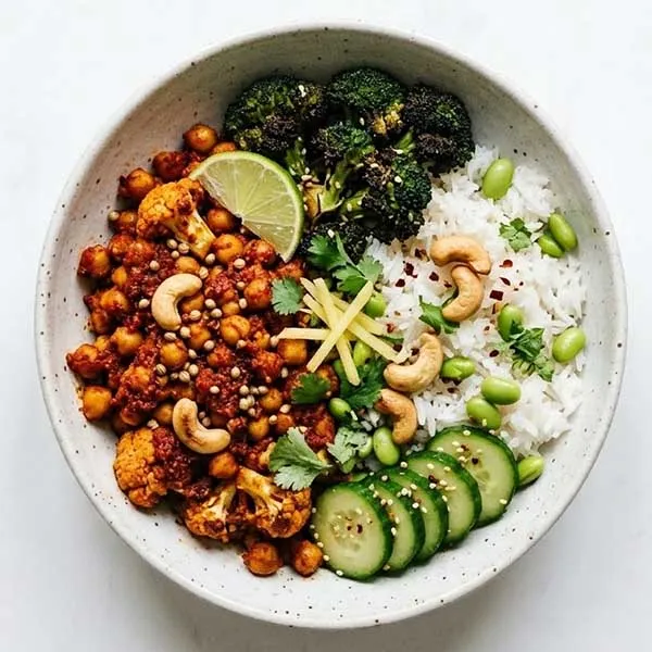 Harissa chickpeas with roasted cauliflower and rice power bowl